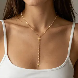 Lariat Necklaces for Women - Dainty Long Necklace Trendy 14K Gold Plated Hypoallergenic Layered Long Y-Shape Sunburst CZ T-Bar Pendant Drop Chain Necklace Set for Women Non Tarinsh Jewelry