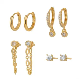 14k Gold Plated Copper Earring Stack for Women Dainty Gold Earrings Set CZ Chain Earrings for Women Trendy Hypoallergenic Huggie Earrings Statement Dangle Drop Earrings Fashion Jewelry Set