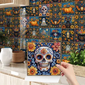 24PCS/Box NHZ Mexican Day of the Dead Halloween Tile Stickers | Crystal Film Self-Adhesive Waterproof Oil-Proof | For Kitchen Backsplash/Bathroom/Furniture/Stairs Wall Decor