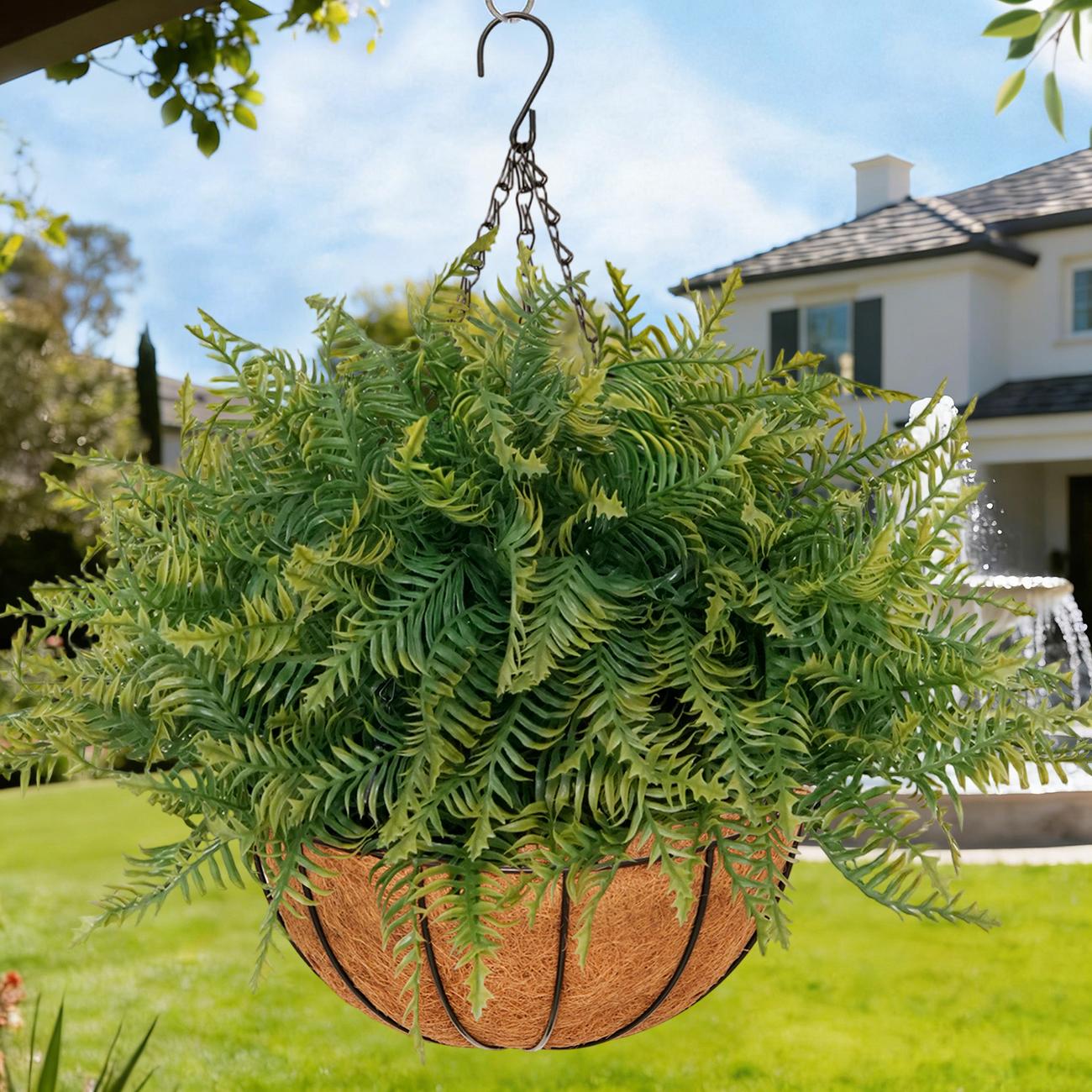2PCS Fern Hanging Baskets - No Assembly Required, Ready-to-Use Fake Flowers for Outdoor, Lush Full Hanging Plants, UV-Resistant, Rainproof, Perfect Porch Patio Balcony Garden Decor