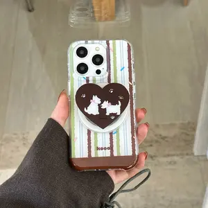 Double-Layer Magnetic Striped Phone Case with Heart Rabbit Stand, Shockproof Protective, Fits iPhone 17 Pro Max, 16 Pro Max, 15 Pro Max, 14 Pro, 13