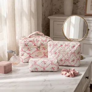 Gosect 3-Piece Quilted Floral Elegant Make-Up Bags Set - Soft Cotton Diamond Quilting, High-Capacity Double-Zipped Tote with Fixed Shoulder Strap, Medium Flat Pouch, Small Pencil Case, Multifunction Storage for Cosmetics/Nail Tools, Teen Girl Gifts