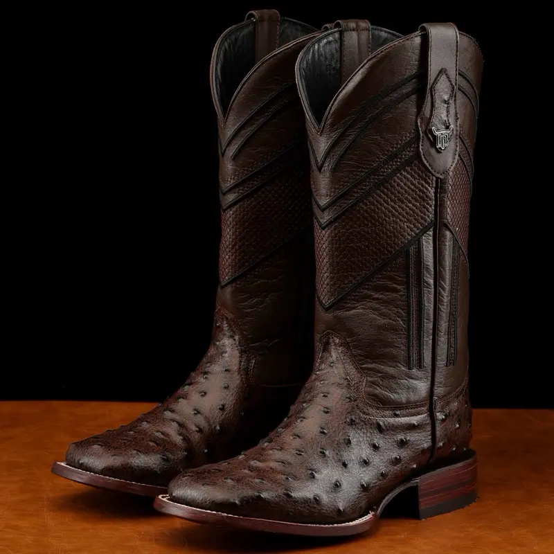 Brown Ostrich Print Leather Boots - Square Toe