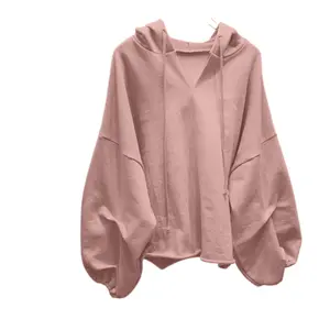 Women's Pink V-Neck Drawstring Hoodie Loose Fit Soft Knit Pullover Casual Long Sleeve Sweatshirt for Spring Unique Design Oversized Chic Everyday Style Tops 5559