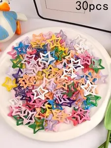 30 Random Color Star Hair Clips, Sweet Style Fashion Bb Headwear, Mini Five-Pointed Star Bangs Clamps, Plain Colors, All Seasons