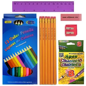 11 Piece Stationery Kit in Pencil Box - 6 #2 Pencils, 8-count Crayons, 1 Eraser, 1 Sharpener, 1 Ruler, 12-count Color Pencils