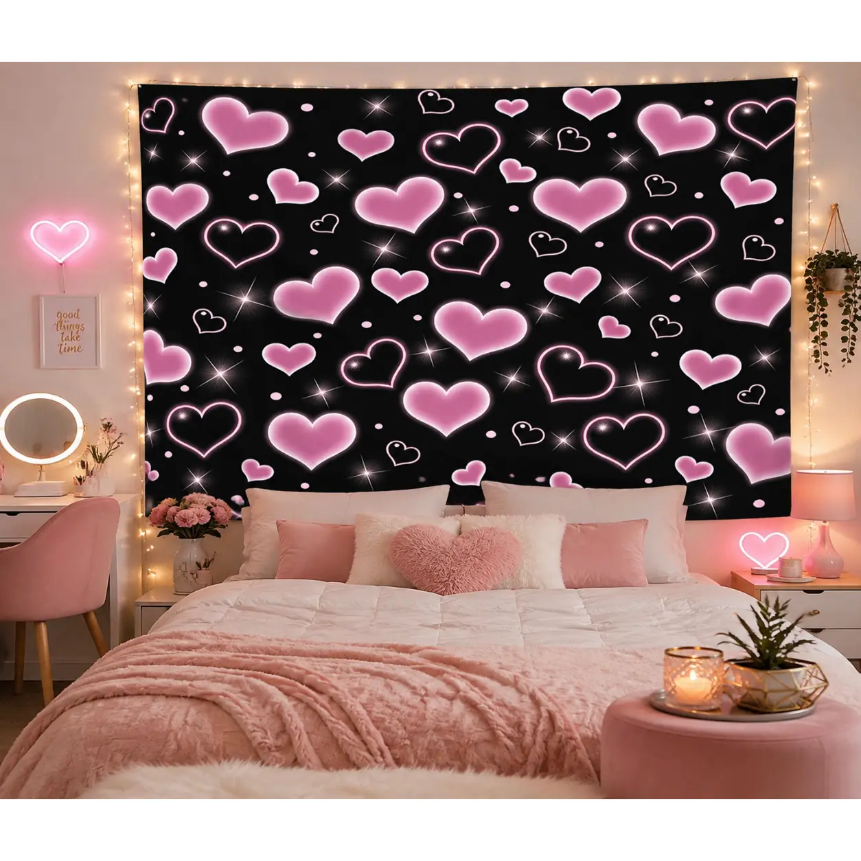 2D Flat Pink Heart Horizontal Black Tapestry Wall Hanging - Aesthetic Minimalist Room Decor for Bedroom Dorm, Romantic Living Room Accent, Valentine's Day Wedding Aesthetic Home Decor Piece
