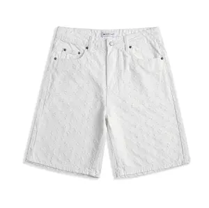 Fashion White Jacquard Denim Shorts Men, Ripped Holes Straight Leg Summer Casual Clean Fit Pants
