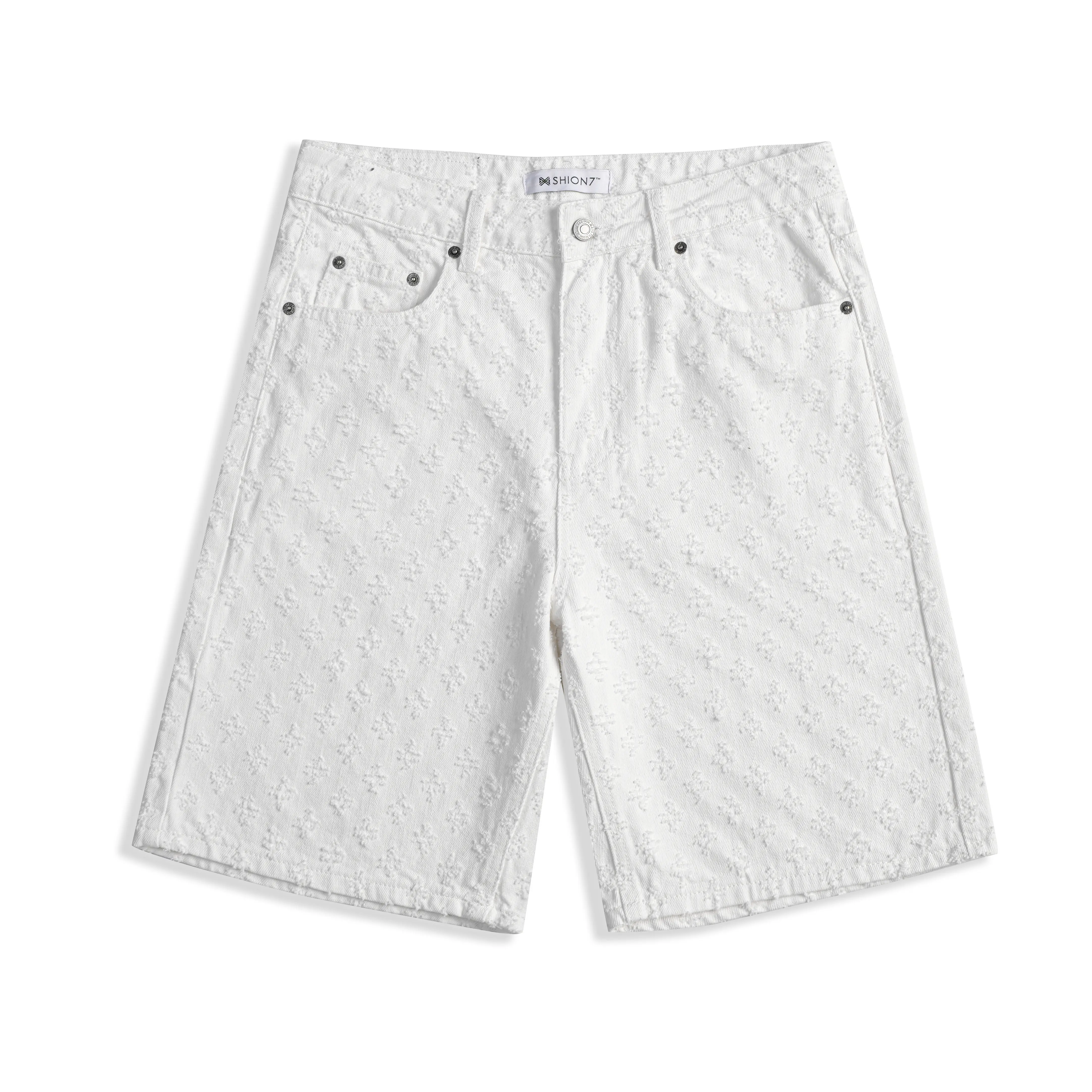 Men's Fashion Jacquard Cotton Denim Shorts - White, Mid-Waist, Casual Straight Leg, Knee-Length, Ripped Holes, Zipper, Machine Washable, Summer Menswear