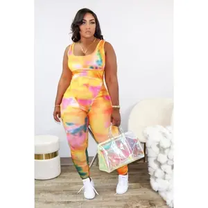 Sorbet Baddie Plus Tie-Dye Jumpsuit - Women's Bodycon Sleeveless Top with Tie-Dye Pattern and Comfortable Fit
