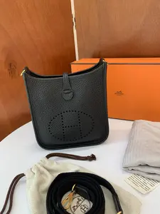 Pre-owned HERMÈS Leather Shoulder Bags Hermes Taurillon Clemence Mini Evelyne TPM Black Gris Meyer