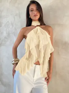 Elegant Halter Top with Metal Buckle, Layered Ruffle Design, Transparent Chiffon Fabric, Sexy and Chic, Perfect for Vacation Dates