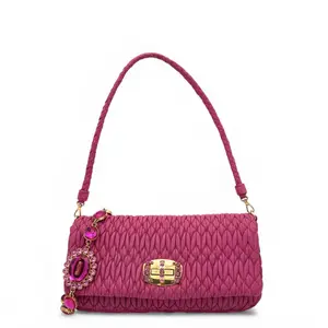 Pre-owned miu miu Leather Shoulder Bags Matelasse Crystal Flap Clutch Lambskin Magenta (sp1029n5)