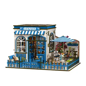 3D Puzzle Gift for Adults Delicate DIY Craft Kit for Boys Girls and Kids Wooden Puzzle Book Nook Building Set Birthday Gifts for Kids and Friends Santorini Sun Coffee Miniature Café Kit