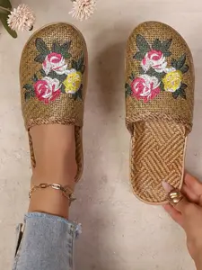 Summer Bestseller Multicolor Rose Embroidery Straw Sandal, Women's Vacation Style Flip Flops, Fashionable Low Ankle Slippers, Unique Sandals