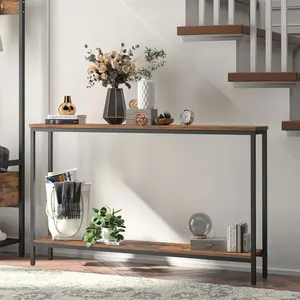 HOOBRO Console Table, 47.2" Narrow Entryway Table, Sofa Table with Shelf, Entrance Table for Living Room, Hallway, Foyer, Corridor, Office, Metal Frame, Rustic Brown and Black