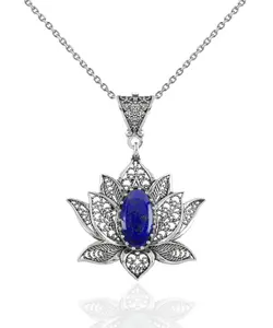 Filigree Art Lapis Lazuli  Gemstone Blossoming Lotus Flower Women Silver Pendant Necklace