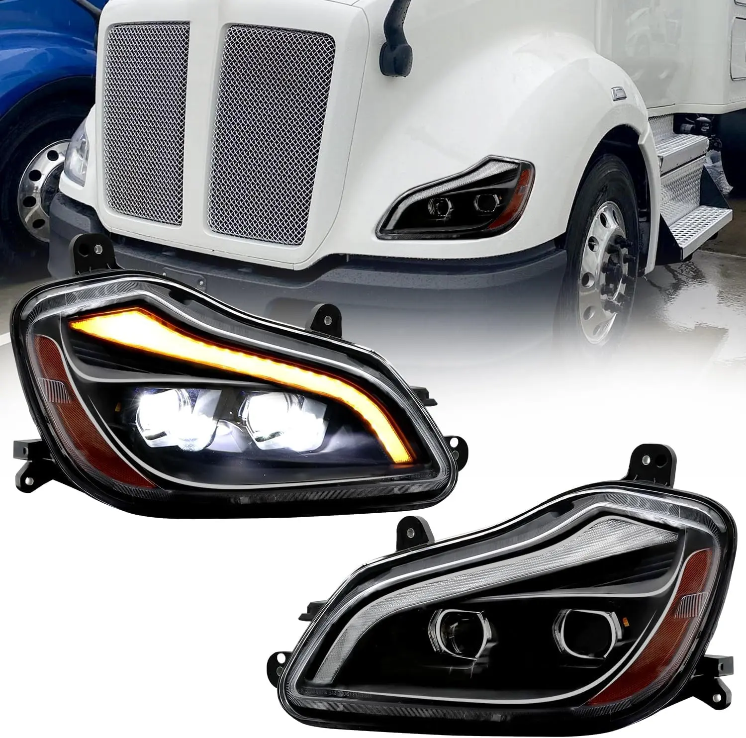 LED Headlight Assembly for 2013-2021 Kenworth T680, Sequential Turn Signal & DRL Headlamp, Black Housing Waterproof, OE Direct Fit (Driver/Passenger/Pair)