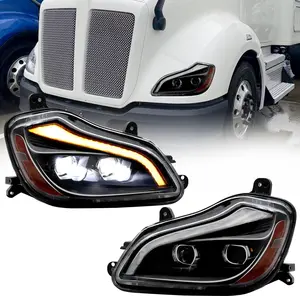 Black Housing LED DRL Performance Headlamp Assembly Pair Heavy Duty Semi Truck Exterior Upgrade Fit For 2013-2021 Kenworth T680 Driver & Passenger Side Replacement Accessory