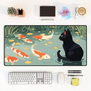 Japanese Black Cat Koi Fish Mouse Pad, Cute Anime Gaming Desk Mat, TCG Playmat Accessories with Zones, Dopamine Desk Decor Gift for Gamers, Desk Mat Gifts