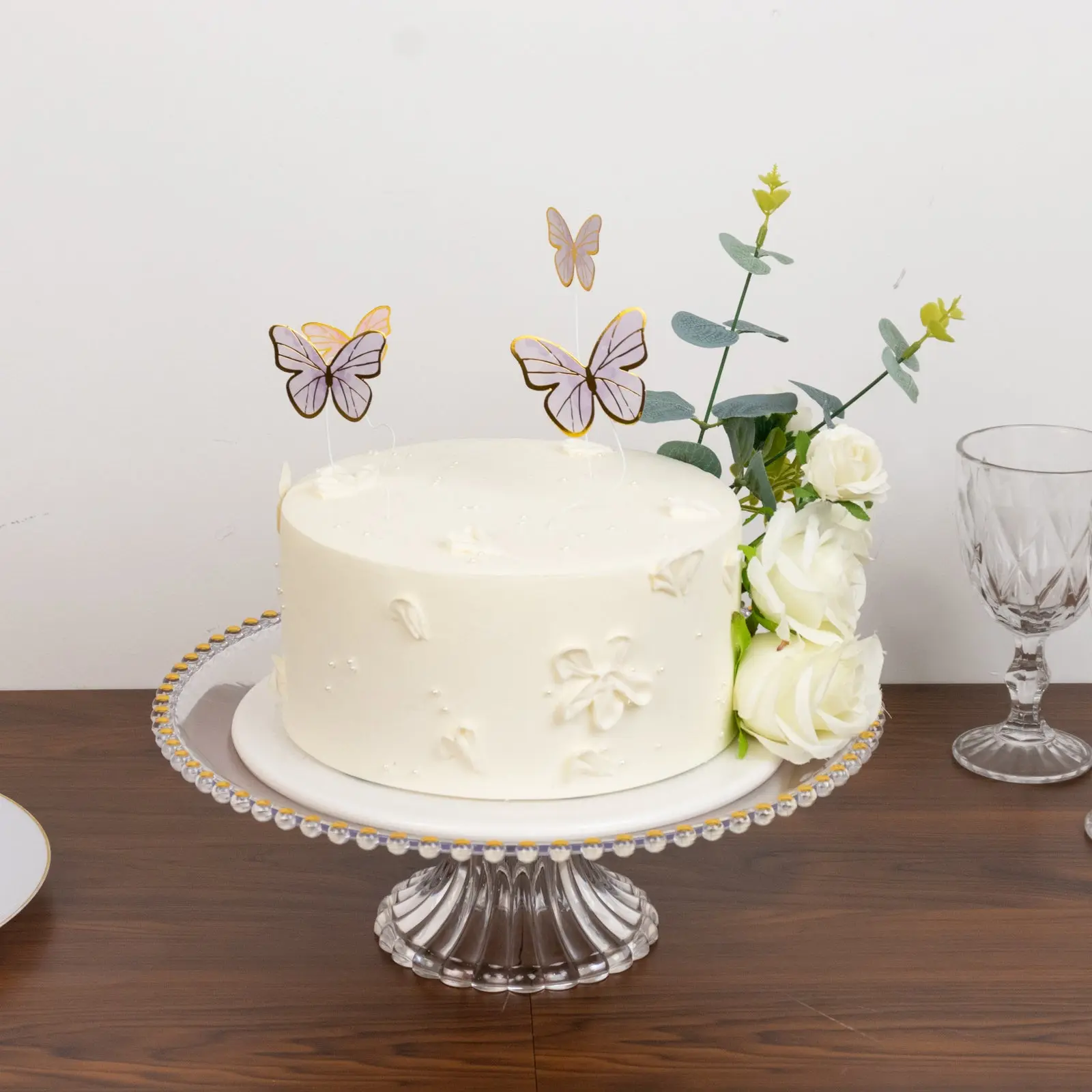 2-Pack Clear Plastic Pedestal Cake Stands – 13" Round Dessert Display Trays with Gold Beaded Rim