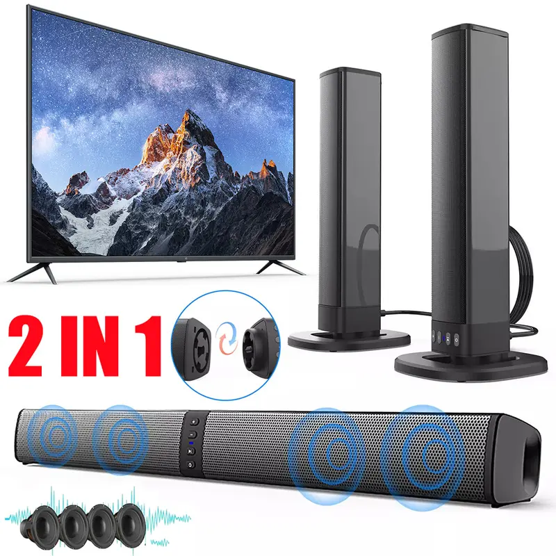 Portable Bluetooth Speaker Sound Bar for Smart TV 2 in 1 Detachable Surround Soundbar Built in 4 Speaker 20W For Home Theater Rechargeable Stereo