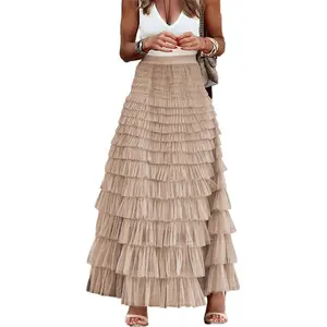 Tulle Maxi Skirts Long Tulle Skirt Women Layered Tiered Long Maxi Tulle Skirt Khaki Mesh A Line Flared Elastic Waist Party Skit Long Cake Skirt Lightweight and Comfy Long Maxi Skirt