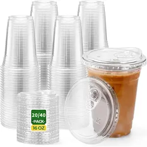 20/40 Sets of 16 oz Disposable Clear Plastic Cups with Lids BPA-Free Durable Portable for Smoothies Cold Drinks Juice Parties Weddings Leak-Proof Eco-Friendly Thick Transparent Pack
