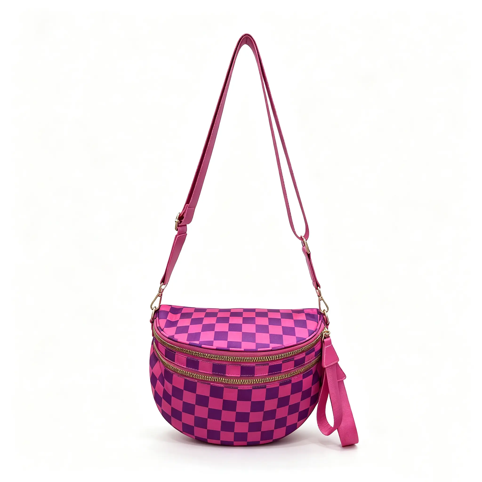 [CC SHOP]Pink Purple Checkered Fanny Pack for Women, Waterproof Nylon Crossbody Belt Bag with Detachable Wide Adjustable Strap, Trendy Checkerboard Sling Waist Purse for Travel Daily Use