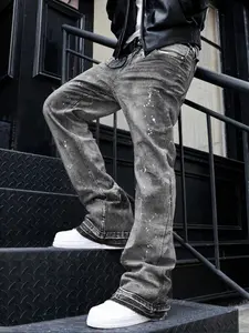 Men's High-End Casual Streetwear Loose Fit Jeans, All Seasons Button Fly Zipper Micro Flare Pants, Plain Washed Denim Bottoms, Menswear