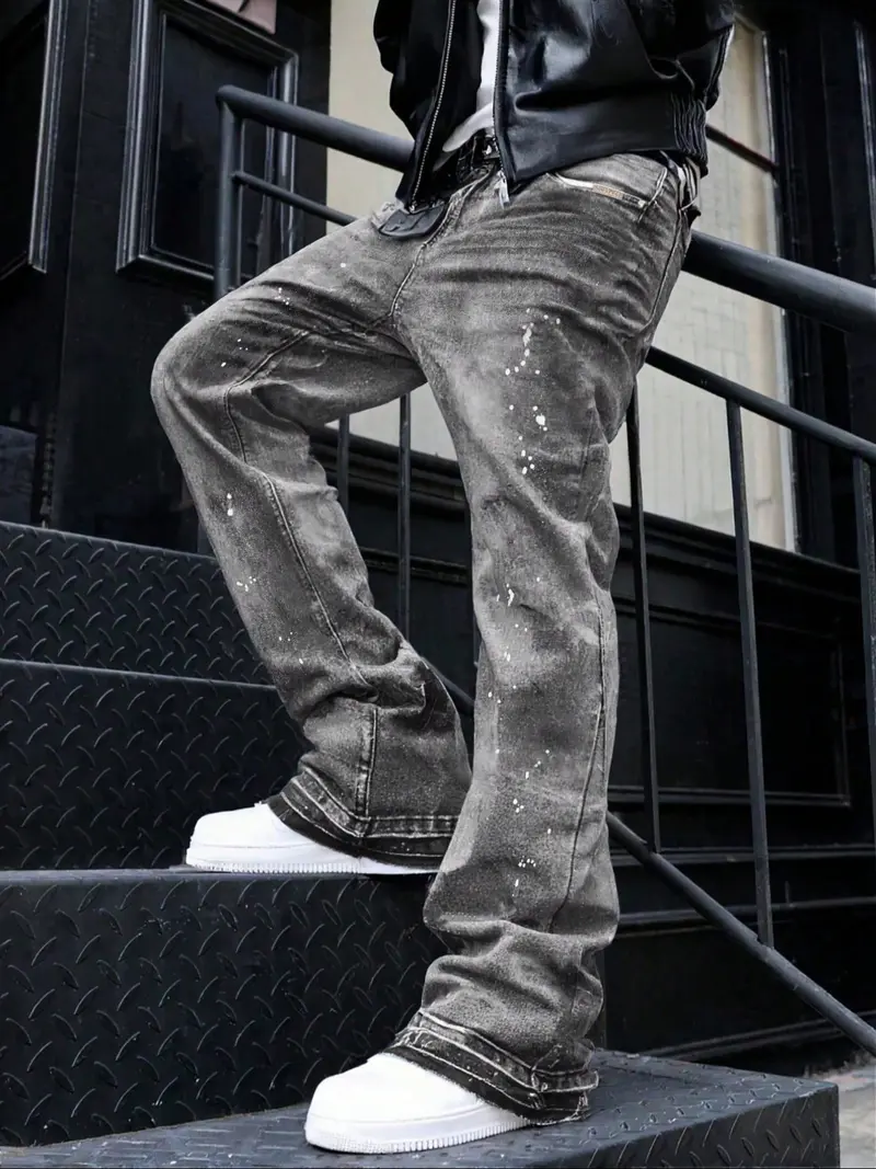 Men's High-End Casual Loose Fit Jeans, All Seasons Button Fly Zipper Micro Flare Pants, Plain Washed Denim Bottoms