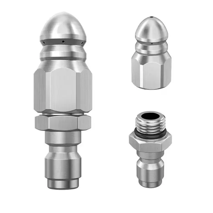 2pcs, 1 Front 6 Rear Water Jetting Nozzle, for Household Drainage & Industrial Duct Cleaning, Stainless Steel High-Pressure Sewer Jetter Nozzle, Sewer Cleaning Tool high-pressure Nozzle 5000PSI Pressure Washer Sewer Nozzle with Quick Connect