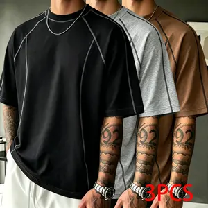 Men’s 3-Pack Basic Half Sleeve T-Shirts, Athletic Summer Casual Crew Neck Pullover, Soft Comfortable Fabric, Relaxed Fit, Exposed Stitching, Color-Block Visual Shaping, Suitable for Everyday Home Wear & Outdoor Walks