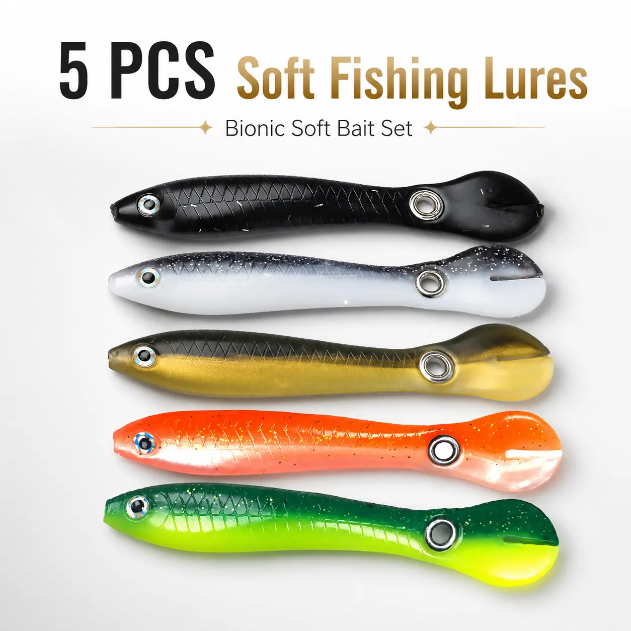 5-piece soft plastic bait set, equipped with 5 hook heads and a storage box, suitable for fishing bass, trout, and other freshwater or saltwater fish