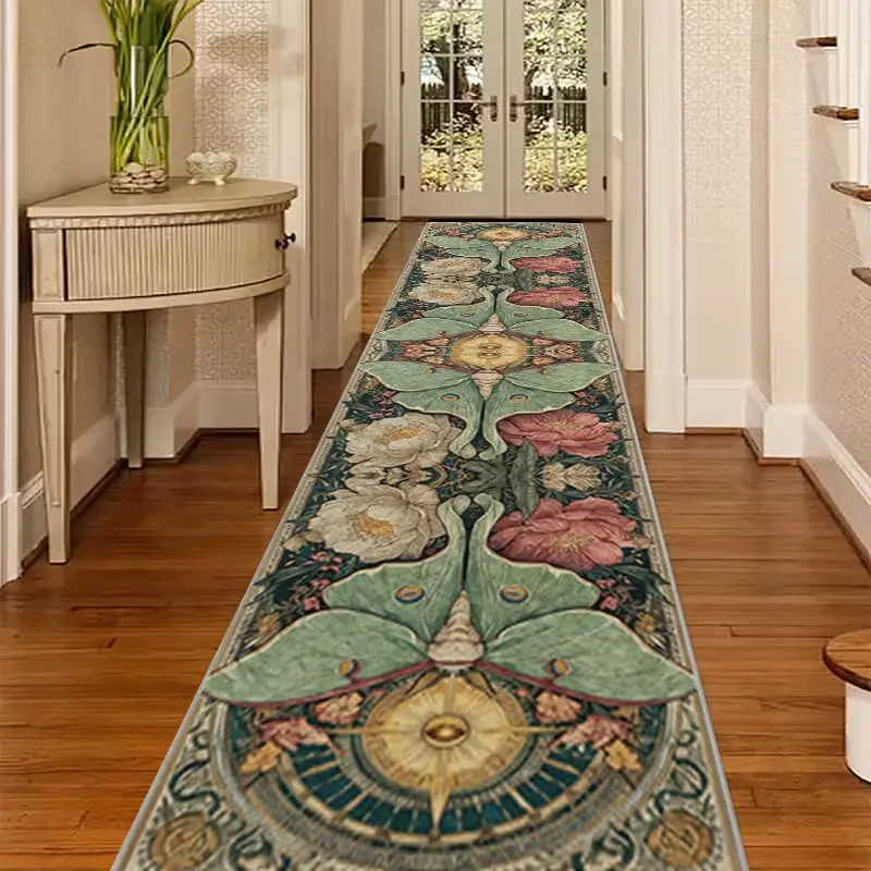 1pc Vintage Bohemian Style Floral Long Runner, Green Moth And Pink White Peony Pattern Art Mat, Suitable for Living Room Hallway Bedroom Bedside, Dining Room Balcony Kitchen Home Decor, Matching Vintage Nordic Floral Style