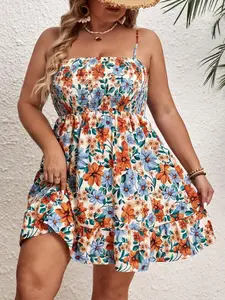 【Plus Size】 Floral Print Cami Dress, Casual Sleeveless Spaghetti Strap A Line Dress for Summer, Women's Plus Clothing for Daily Wear