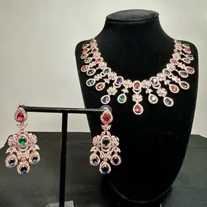 Beautiful Multi Color AD Necklace with Earrings - Elegant Design, Colorful Stones, and Decorative Elements
