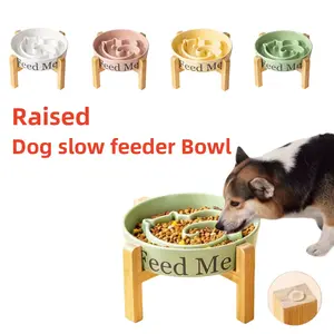 Elevated/Raised Dog Bowl Ceramic with Wood Stand for Medium Large Breed,Protect Pet Neck，Take care Of Pet Stomach，Dog Food Water Dish Heavy Wighted, Non Slip Modern Cute Porcelain Pet Bowl Extra Large Grey White