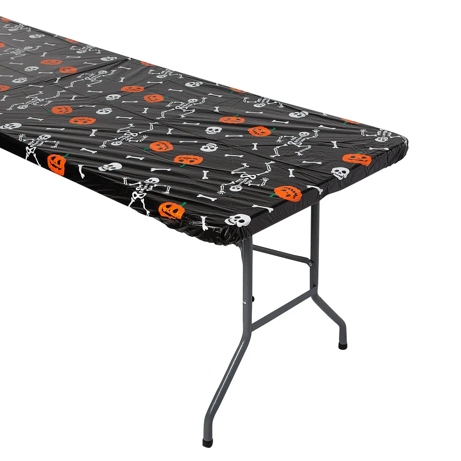 Fun Express 8 Ft. Halloween Jack-O'-Lanterns & Bones Fitted Plastic Tablecloth