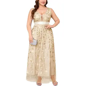 Plus Size Sequin Embroidery Formal Dresses Deep V Neck Sleeveless A Line Maxi Prom Dress Wedding Guest Evening Gown