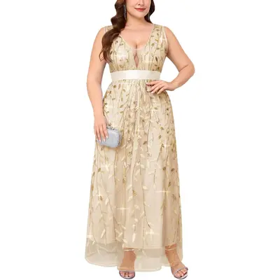 Plus Size Formal Floor Length Dress Champagne Color with Embroidered  Flowers - TikTok Shop