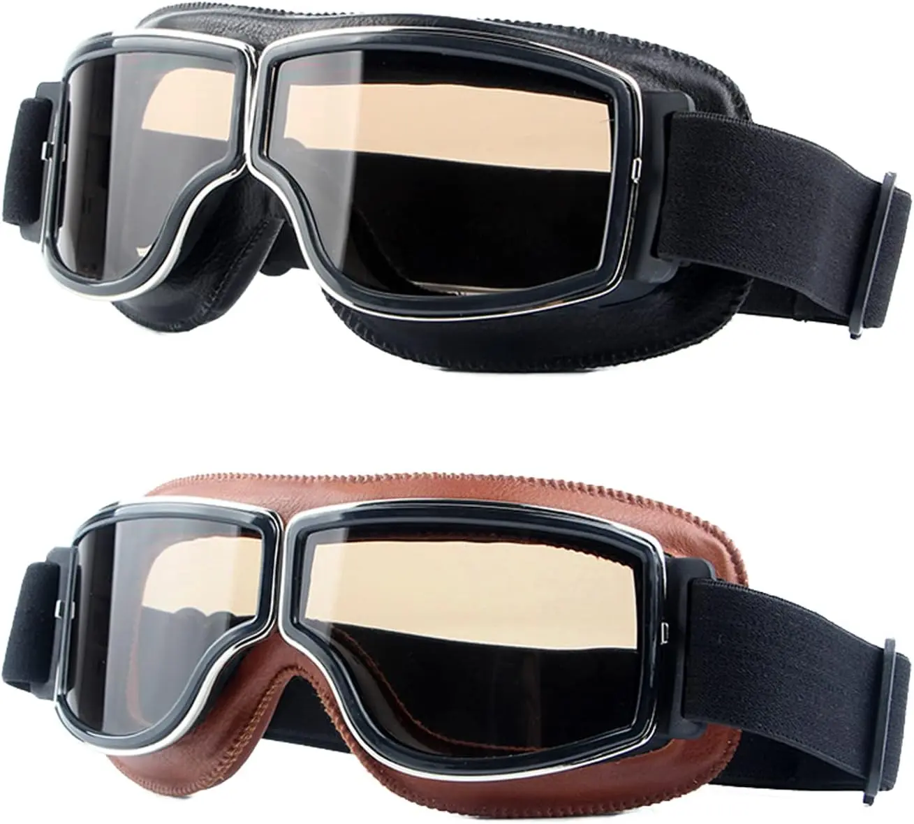 2-Pair Adult Vintage Foldable Pilot Aviator Goggles - Adjustable Anti-Fog PU Leather, Dustproof, Sun Protection Eyewear with Cleaning Cloth, Goggles Bag for ATV Off-Road, Tennis, Paintball Protective Gear for Motorbike Helmet Riding, Jogging, 1 Goggles Ba