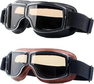 Motorcycle Goggles,2 Pack Vintage Anti Fog Pilot PU Leather Glasses Dustproof ATV Off Road Motorbike Helmet Eyewear Protect for Ridding Motorcross Classes Aviator Goggles for Men Women Adult