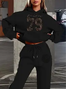 Women's Los Angeles Leopard Print Hoodie Set, Casual Fitted Winter Sweatshirt, Long Regular Pants, Fall & Winter Fashion