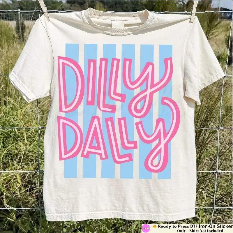 Womens Cotton Graphic Tee Dilly Dally Retro Pink Letter Print Soft Short Sleeve Crewneck Cute Aesthetic Casual Summer Outfit Top For Vacation Beach Weekend Streetwear