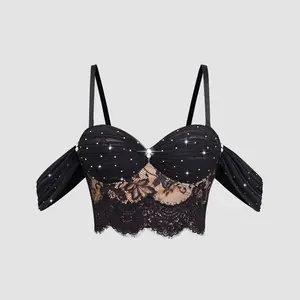 Women Sexy Weding Party Rhinestone Corp Tops Vest Club Corset Sleeveless Vintage Sexy Cropped Tops Women Tank Tops Backless Fishbone Lace Clubwear Black Spaghetti Strap