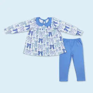 Blue bow tunic top matching leggings baby girls boutique clothing