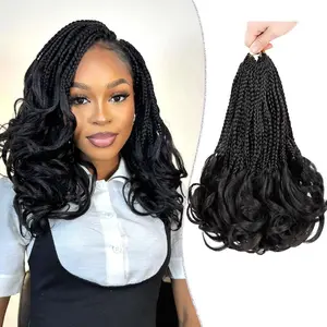 French Curl Crochet Braids 12 Inch Goddess Box Braids Crochet Hair 8 Packs Pre Looped Crochet Box Braid with Curly Ends Synthetic French Curly Braiding Hair Extensions 1B#