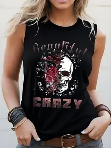 Women's Slim Fit Skull Print Round Neck Vest, Casual Graphic Short Sleeve Top, All Seasons Fashion, Comfortable and Stylish