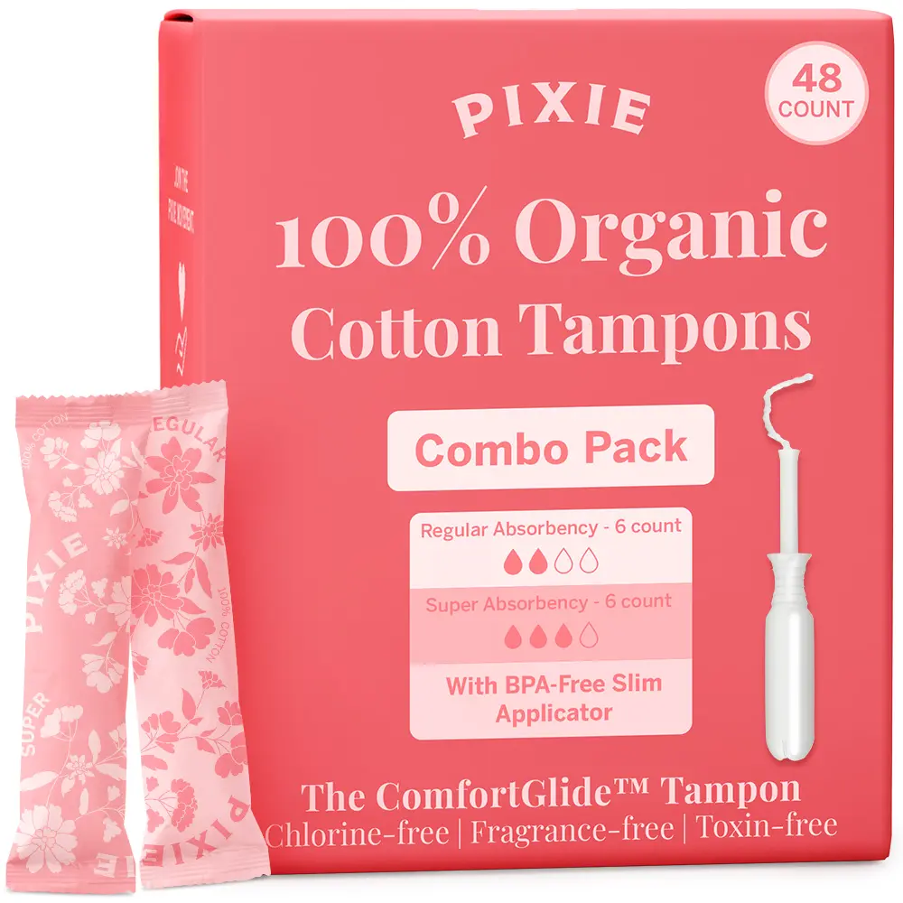 Pixie Organic Cotton Tampon Combo Pack – Regular & Super Absorbency – BPA-Free Long Applicator – Unscented, Chlorine-Free Feminine Care – 48 Count
